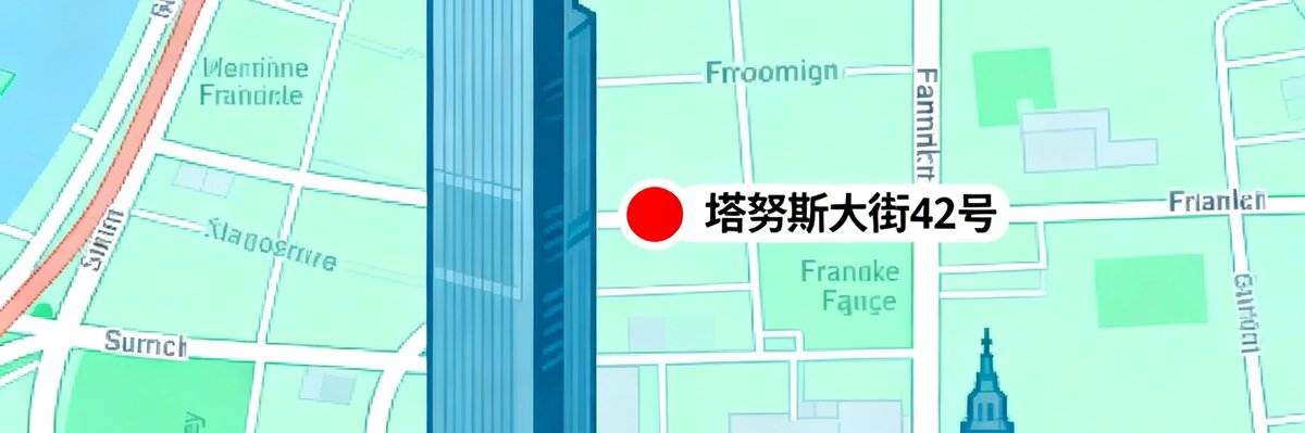 法兰克福金融区地图示意图，标注塔努斯大街42号办公楼位置。